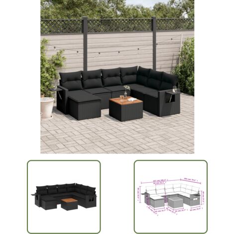 The Living Store Salon de jardin 8 pcs avec coussins noir résine tressée - Ensemble Salon De Jardin - Meubles De Jardin - Salon Extérieur - Set De Jardin - Chaise Lounge