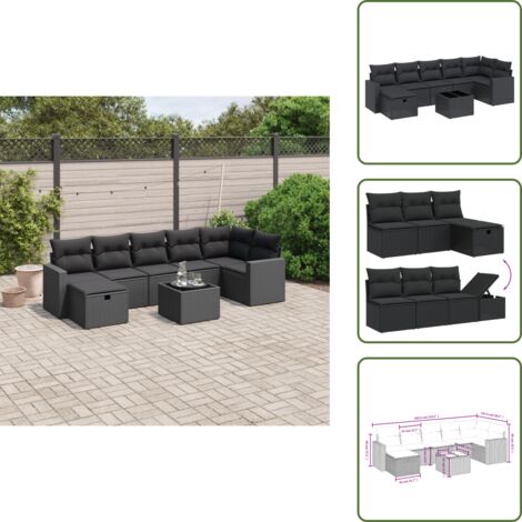 The Living Store Salon de jardin 8 pcs avec coussins noir résine tressée - Ensemble Salon De Jardin - Mobilier De Jardin - Canapé D'extérieur - Chaise De Jardin - Table Basse Extérieure