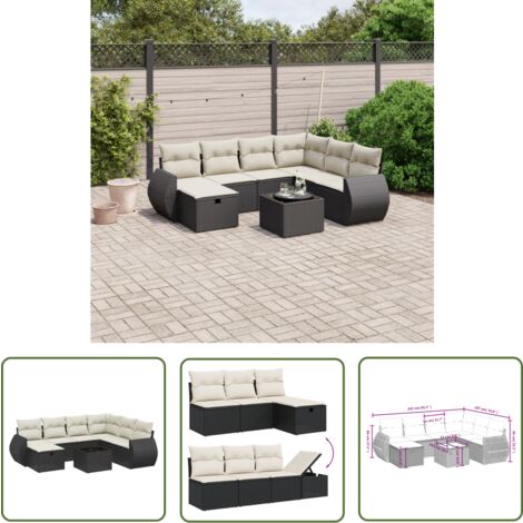 The Living Store Salon de jardin 8 pcs avec coussins noir résine tressée - Ensemble Salon De Jardin - Mobilier De Jardin - Canapé D'extérieur - Set De Salon - Chaise Longue