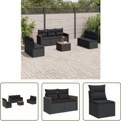 The Living Store Salon de jardin 8 pcs avec coussins noir résine tressée - Ensemble Salon De Jardin - Mobilier De Jardin - Canapé Extérieur - Table Basse Extérieure - Chaise Lounge