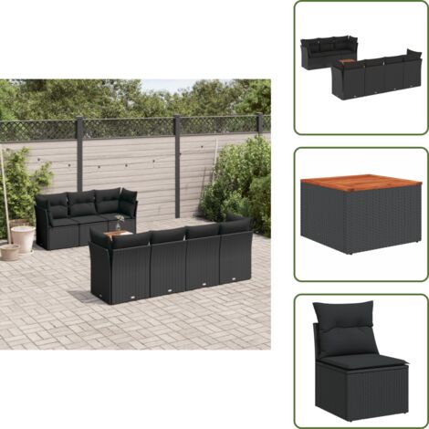The Living Store Salon de jardin 8 pcs avec coussins noir résine tressée - Ensemble Salon De Jardin - Mobilier De Jardin - Canapé Extérieur - Table Basse Jardin - Chaise Lounge