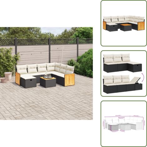 The Living Store Salon de jardin 8 pcs avec coussins noir résine tressée - Ensemble Salon De Jardin - Mobilier De Jardin - Canapé Extérieur - Table De Jardin - Chaise Lounge