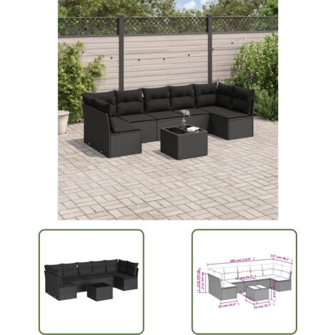 The Living Store Salon de jardin 8 pcs avec coussins noir résine tressée - Ensemble Salon De Jardin - Mobilier De Jardin - Salon De Jardin Pliable - Résine Tressée - Rotin Synthétique