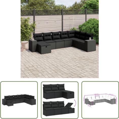 The Living Store Salon de jardin 8 pcs avec coussins noir résine tressée - Ensemble Salon De Jardin - Mobilier Extérieur - Canapé Jardin - Chaise Longue - Set Salon De Jardin