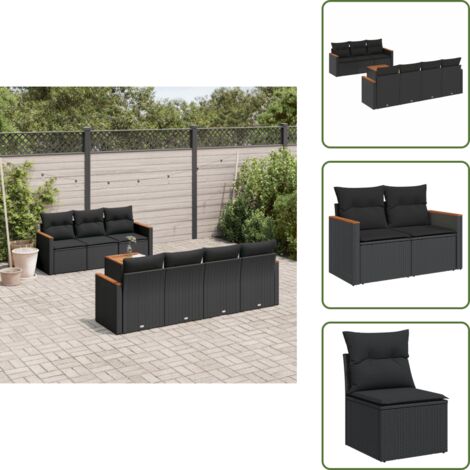 The Living Store Salon de jardin 8 pcs avec coussins noir résine tressée - Ensemble Salon De Jardin - Mobilier Extérieur - Canapé Jardin - Table Jardin - Chaise Lounge