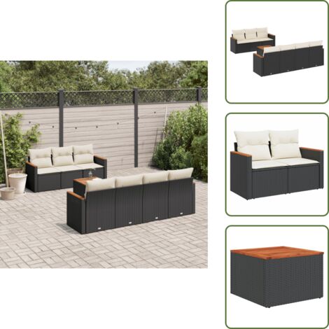 The Living Store Salon de jardin 8 pcs avec coussins noir résine tressée - Ensemble Salon De Jardin - Mobilier Extérieur - Canapé Jardin - Table Jardin - Chaise Lounge