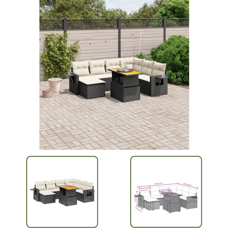 Salon de jardin 8 pcs avec coussins noir résine tressée - Ensemble Salon Jardin - Meuble Extérieur - Résine Tressée - Rotin Synthétique - Table
