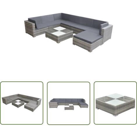 The Living Store Salon de jardin 8 pcs avec coussins Résine tressée Gris - Salon De Jardin - Meubles De Jardin - Salon Extérieur - Set De Salon - Canapé D'angle