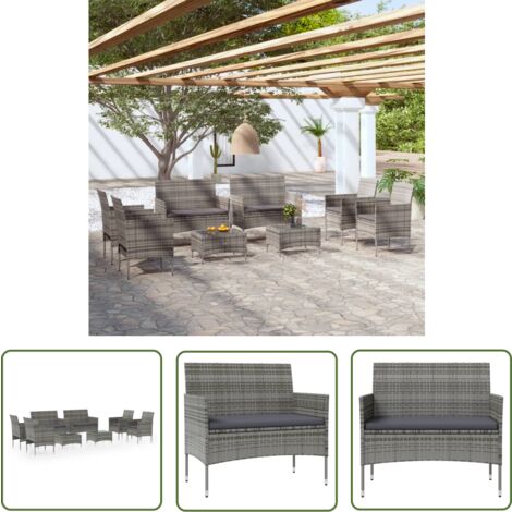 The Living Store Salon de jardin 8 pcs avec coussins résine tressée gris - Salon De Jardin - Mobilier De Jardin - Ensemble Salon - Meubles De Jardin - Résine Tressée