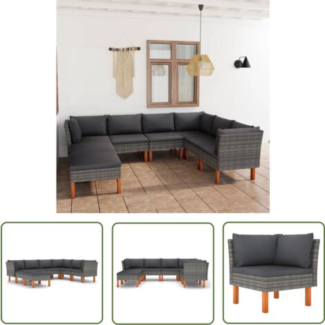 The Living Store Salon de jardin 8 pcs avec coussins Résine tressée Gris - Salon De Jardin - Mobilier De Jardin - Set De Salon - Ensemble De Canapé - Canapé D'extérieur