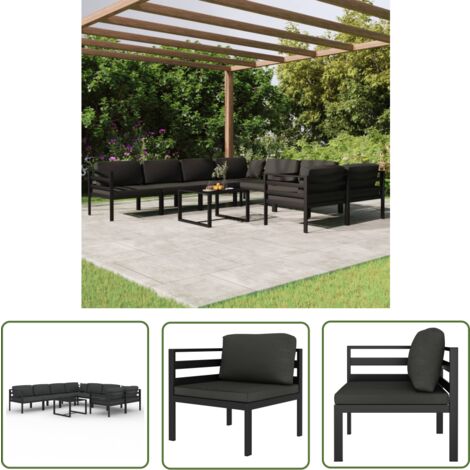 The Living Store Salon de jardin 9 pcs avec coussins Aluminium Anthracite - Salon De Jardin - Meubles De Jardin - Set De Salon De Jardin - Mobilier Extérieur - Aluminium