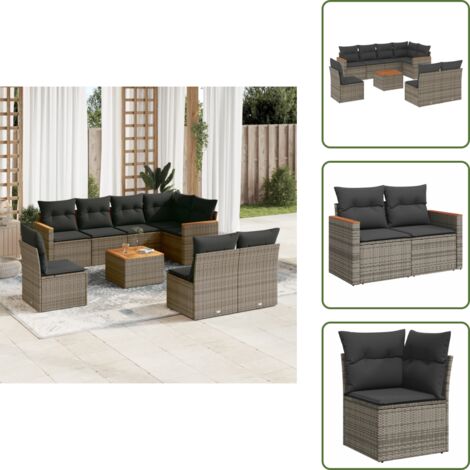 The Living Store Salon de jardin 9 pcs avec coussins gris résine tressée - Ensemble Salon De Jardin - Mobilier Extérieur - Canapé Jardin - Table Jardin - Chaise Lounge