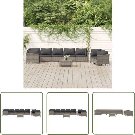The Living Store Salon de jardin 9 pcs avec coussins Gris Résine tressée - Salon De Jardin - Mobilier De Jardin - Set De Salon Extérieur - Meubles De Jardin - Chaise Lounge