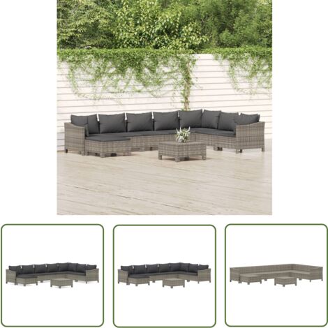The Living Store Salon de jardin 9 pcs avec coussins Gris Résine tressée - Salon De Jardin - Mobilier De Jardin - Set De Salon Extérieur - Meubles De Jardin - Chaise Lounge