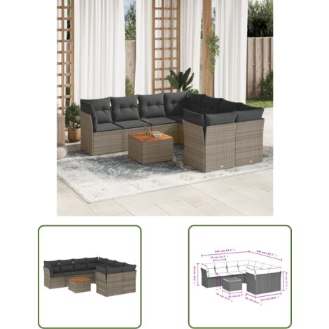 The Living Store Salon de jardin 9 pcs avec coussins gris résine tressée - Salon De Jardin - Mobilier Extérieur - Salon D'extérieur - Set De Salon - Chaise Longue