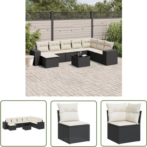 The Living Store Salon de jardin 9 pcs avec coussins noir résine tressée - Ensemble Salon De Jardin - Meuble De Jardin - Jardin Design - Mobilier Exterieur - Chaise Longue