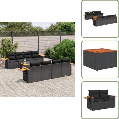 The Living Store Salon de jardin 9 pcs avec coussins noir résine tressée - Ensemble Salon De Jardin - Meuble Extérieur - Jardin Design - Mobilier De Jardin - Chaise Lounge