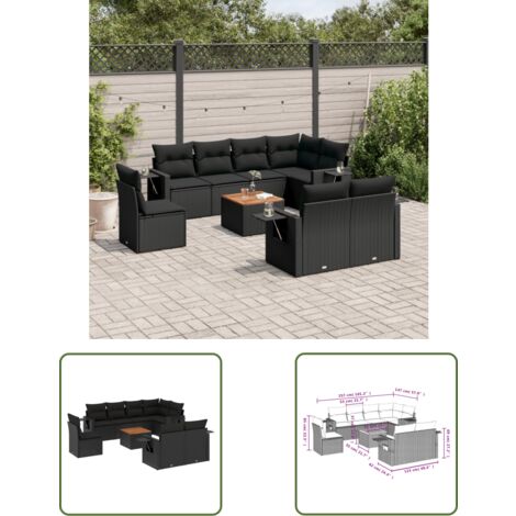The Living Store Salon de jardin 9 pcs avec coussins noir résine tressée - Ensemble Salon De Jardin - Meuble Extérieur - Jardin - Mobilier De Jardin - Chaise Lounge