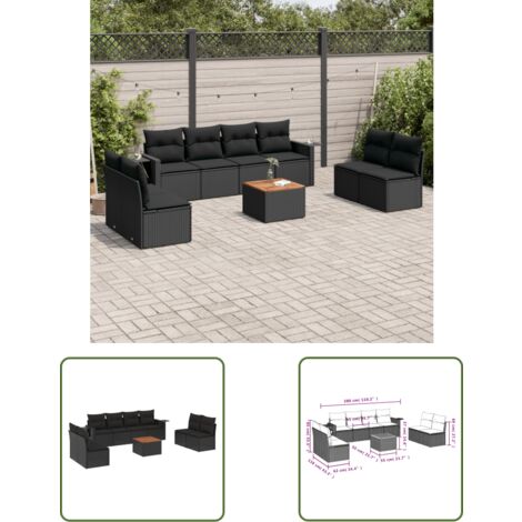 The Living Store Salon de jardin 9 pcs avec coussins noir résine tressée - Ensemble Salon De Jardin - Meuble Extérieur - Jardin - Mobilier De Jardin - Chaise Lounge