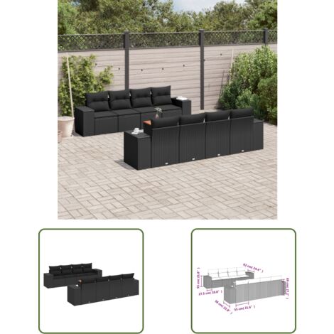 The Living Store Salon de jardin 9 pcs avec coussins noir résine tressée - Ensemble Salon De Jardin - Meuble Extérieur - Résine Tressée - Rotin Synthétique - Fauteuil De Jardin