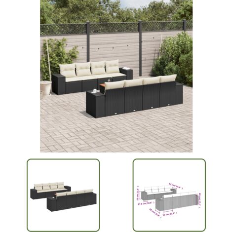 The Living Store Salon de jardin 9 pcs avec coussins noir résine tressée - Ensemble Salon De Jardin - Meuble Extérieur - Résine Tressée - Rotin Synthétique - Fauteuil Jardin
