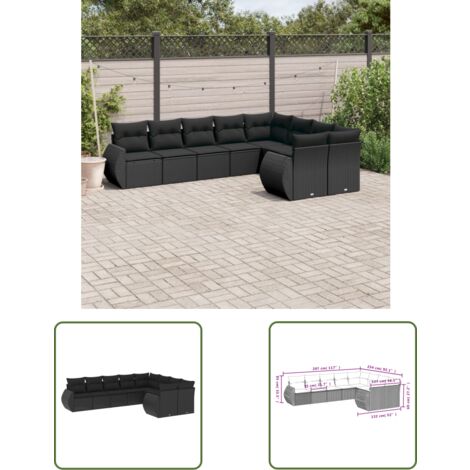 The Living Store Salon de jardin 9 pcs avec coussins noir résine tressée - Ensemble Salon De Jardin - Mobilier De Jardin - Canapé Extérieur - Set Salon - Chaise Longue