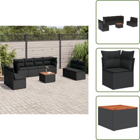 The Living Store Salon de jardin 9 pcs avec coussins noir résine tressée - Ensemble Salon De Jardin - Mobilier De Jardin - Canapé Extérieur - Table Basse Jardin - Chaise Lounge