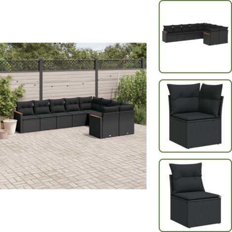 The Living Store Salon de jardin 9 pcs avec coussins noir résine tressée - Ensemble Salon De Jardin - Mobilier Extérieur - Canapé Jardin - Chaise Lounge - Résine Tressée
