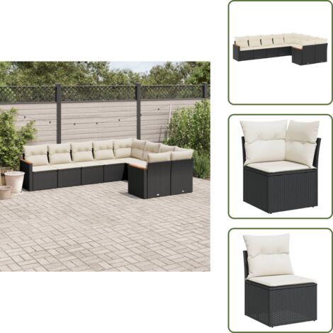 The Living Store Salon de jardin 9 pcs avec coussins noir résine tressée - Ensemble Salon De Jardin - Mobilier Extérieur - Canapé Jardin - Chaise Lounge - Set Salon