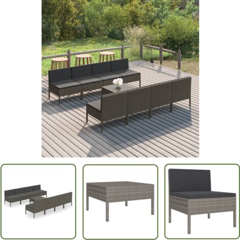 The Living Store Salon de jardin 9 pcs avec coussins Résine tressée Gris - Salon De Jardin - Mobilier De Jardin - Set De Jardin - Meubles D'extérieur - Résine Tressée