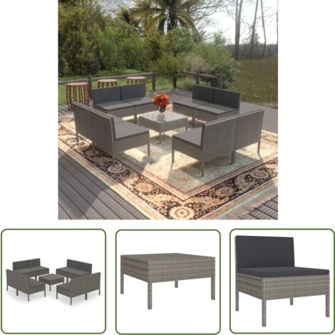 The Living Store Salon de jardin 9 pcs avec coussins Résine tressée Gris - Salon De Jardin - Mobilier De Jardin - Set De Jardin - Meubles D'extérieur - Résine Tressée
