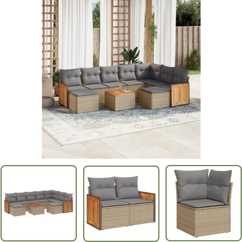 The Living Store - Salon de jardin avec coussins 10 pcs beige résine tressée - Ensemble Salon De Jardin - Meuble Extérieur - Mobilier De Jardin