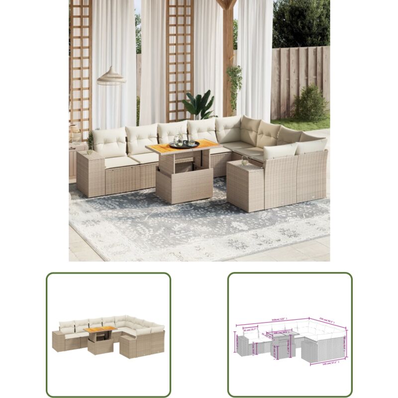 Salon de jardin avec coussins 10 pcs beige résine tressée - Ensemble Salon De Jardin - Meuble Extérieur - Résine Tressée - Rotin Synthétique - Table