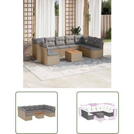 The Living Store Salon de jardin avec coussins 10 pcs beige résine tressée - Salon De Jardin - Mobilier Extérieur - Salon D'extérieur - Set De Salon - Chaise Longue