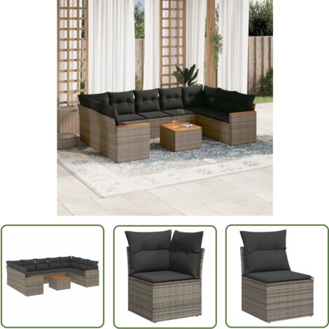 The Living Store Salon de jardin avec coussins 10 pcs gris résine tressée - Ensemble Salon De Jardin - Mobilier De Jardin - Canapé Extérieur - Set De Salon - Chaise Longue