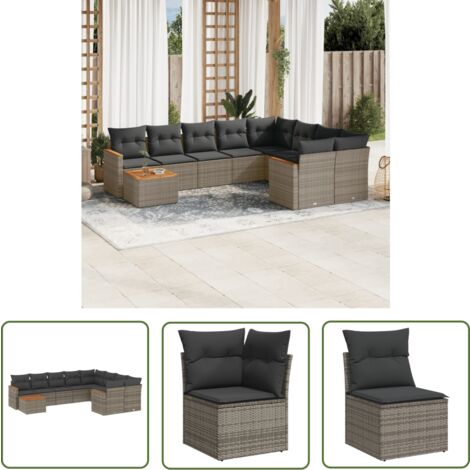 The Living Store Salon de jardin avec coussins 10 pcs gris résine tressée - Ensemble Salon De Jardin - Mobilier De Jardin - Canapé Extérieur - Set De Salon - Chaise Longue