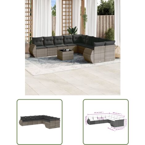 The Living Store Salon de jardin avec coussins 10 pcs gris résine tressée - Ensemble Salon De Jardin - Mobilier De Jardin - Canapé Extérieur - Set Salon - Chaise Longue