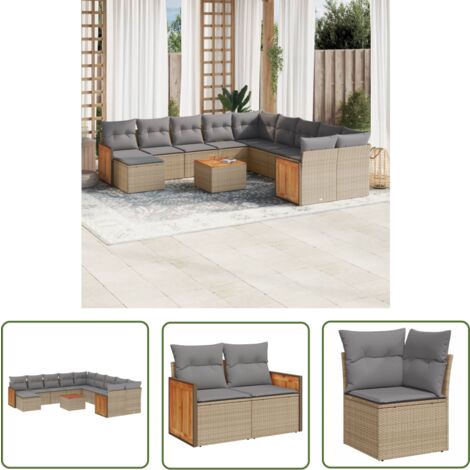 The Living Store Salon de jardin avec coussins 12 pcs beige résine tressée - Ensemble Salon De Jardin - Meuble Extérieur - Mobilier De Jardin - Chaise Longue - Set Salon