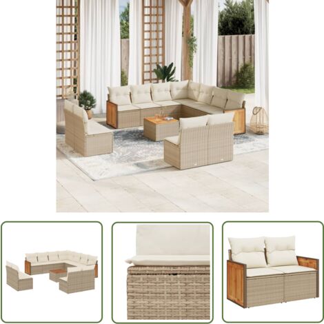 The Living Store Salon de jardin avec coussins 12 pcs beige résine tressée - Ensemble Salon De Jardin - Meuble Extérieur - Mobilier De Jardin - Chaise Longue - Set Salon
