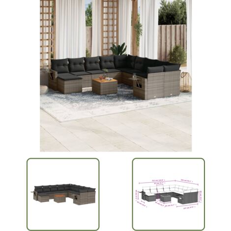 The Living Store Salon de jardin avec coussins 12 pcs gris résine tressée - Ensemble Salon De Jardin - Meubles De Jardin - Salon Extérieur - Set De Jardin - Chaise Lounge