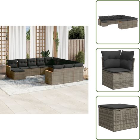 The Living Store Salon de jardin avec coussins 12 pcs gris résine tressée - Ensemble Salon De Jardin - Mobilier De Jardin - Salon Extérieur - Canapé Jardin - Chaise Lounge