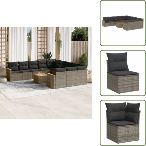 The Living Store Salon de jardin avec coussins 12 pcs gris résine tressée - Ensemble Salon De Jardin - Mobilier Extérieur - Canapé Jardin - Table Basse Jardin - Chaise Lounge