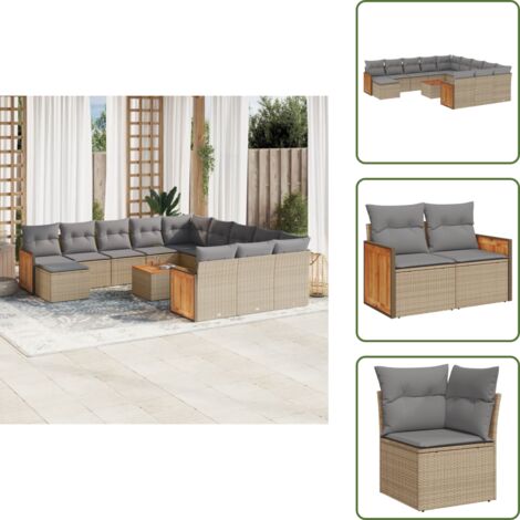 The Living Store Salon de jardin avec coussins 13 pcs beige résine tressée - Ensemble Salon De Jardin - Meuble Extérieur - Mobilier De Jardin - Chaise Longue - Set Salon