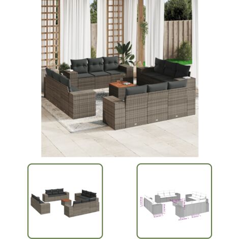 The Living Store Salon de jardin avec coussins 13 pcs gris résine tressée - Ensemble Salon De Jardin - Meuble Extérieur - Résine Tressée - Rotin Synthétique - Fauteuil Jardin