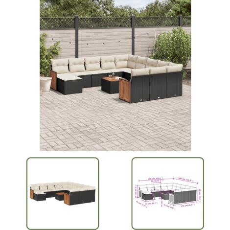 The Living Store Salon de jardin avec coussins 13 pcs noir résine tressée - Ensemble Salon De Jardin - Meuble Extérieur - Jardin Design - Mobilier De Jardin - Chaise Lounge