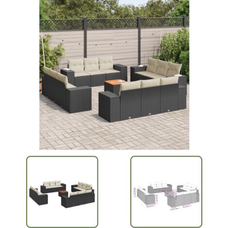 The Living Store Salon de jardin avec coussins 13 pcs noir résine tressée - Ensemble Salon De Jardin - Meuble Extérieur - Résine Tressée - Rotin Synthétique - Fauteuil Jardin