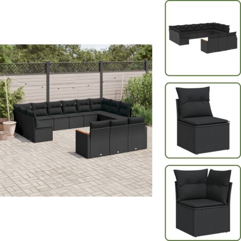 The Living Store Salon de jardin avec coussins 13 pcs noir résine tressée - Ensemble Salon De Jardin - Mobilier De Jardin - Canapé Extérieur - Chaise Longue - Set Salon De Jardin