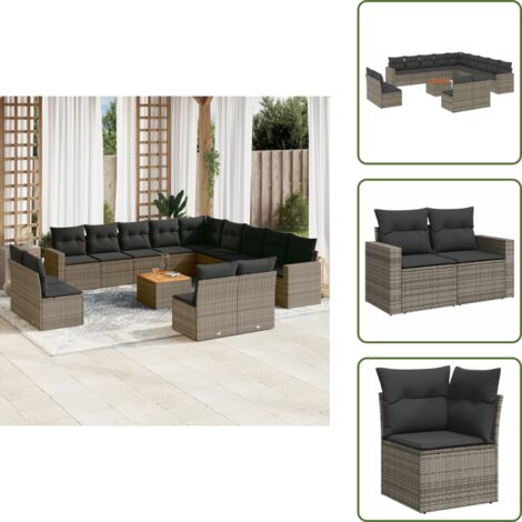 The Living Store Salon de jardin avec coussins 14 pcs gris résine tressée - Ensemble Salon De Jardin - Mobilier De Jardin - Canapé Extérieur - Set Salon De Jardin - Chaise Lounge
