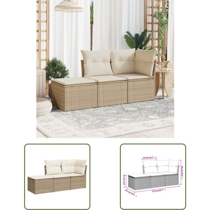 The Living Store Salon de jardin avec coussins 3 pcs beige résine tressée - Ensemble Salon De Jardin - Mobilier De Jardin - Salon Extérieur - Canapé