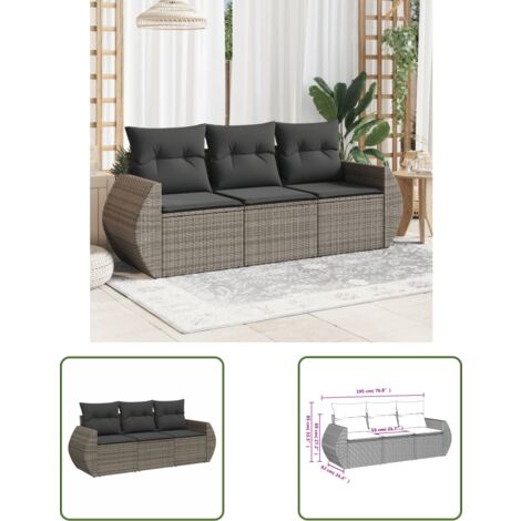 The Living Store Salon de jardin avec coussins 3 pcs gris résine tressée - Ensemble Salon De Jardin - Meuble Extérieur - Résine Tressée - Rotin Synthétique - Fauteuil De Jardin